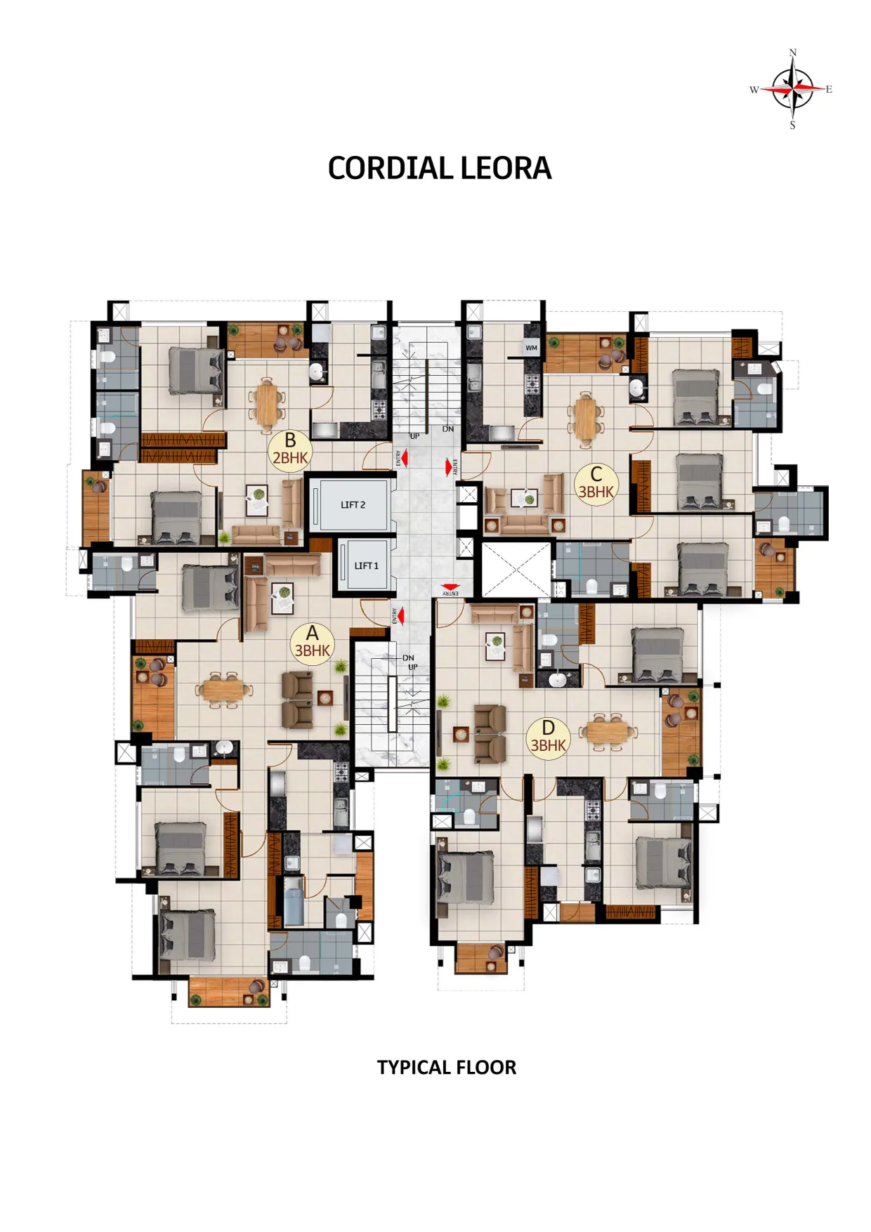Luxury apartment floor plans at Cordial Leora, Kuravankonam, Kowdiar.