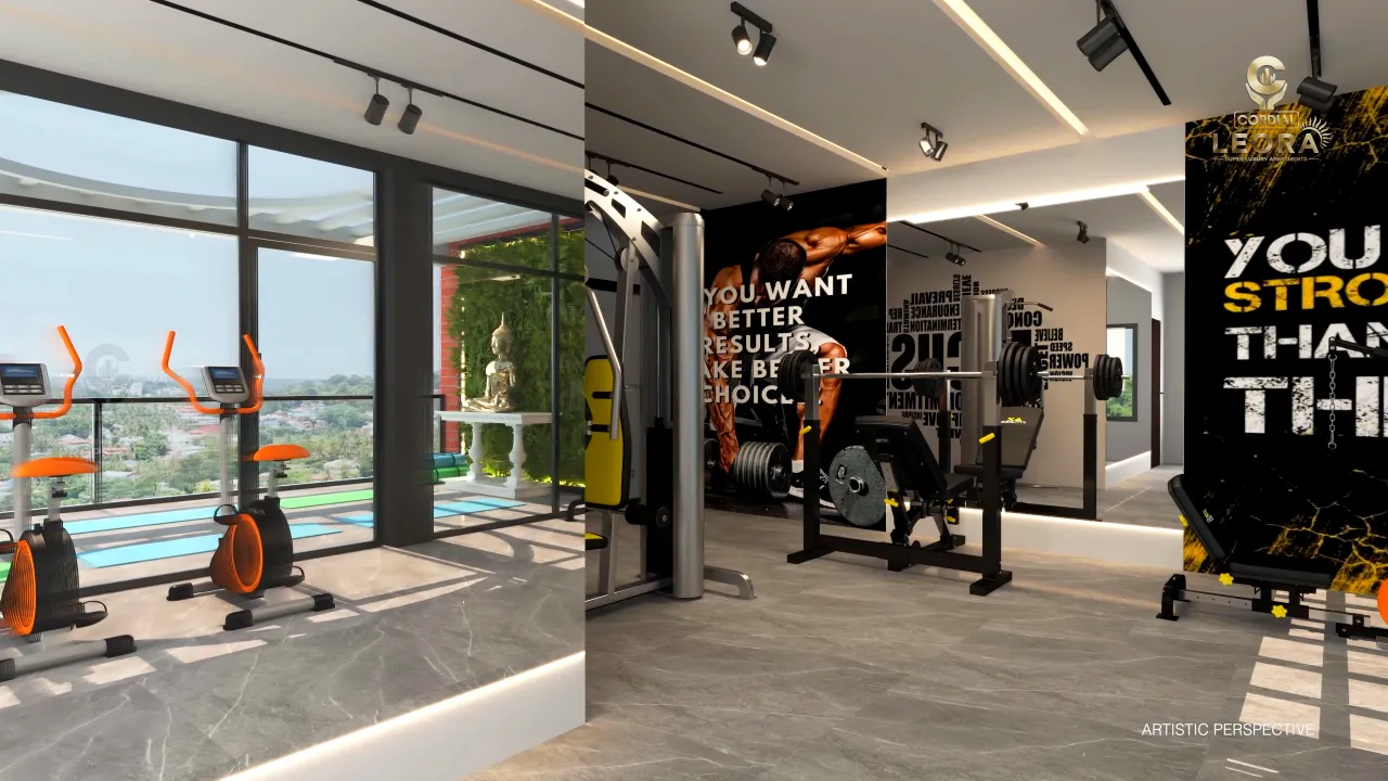 showing the picture of modern gym in cordial leora, luxury flats in trivandrum