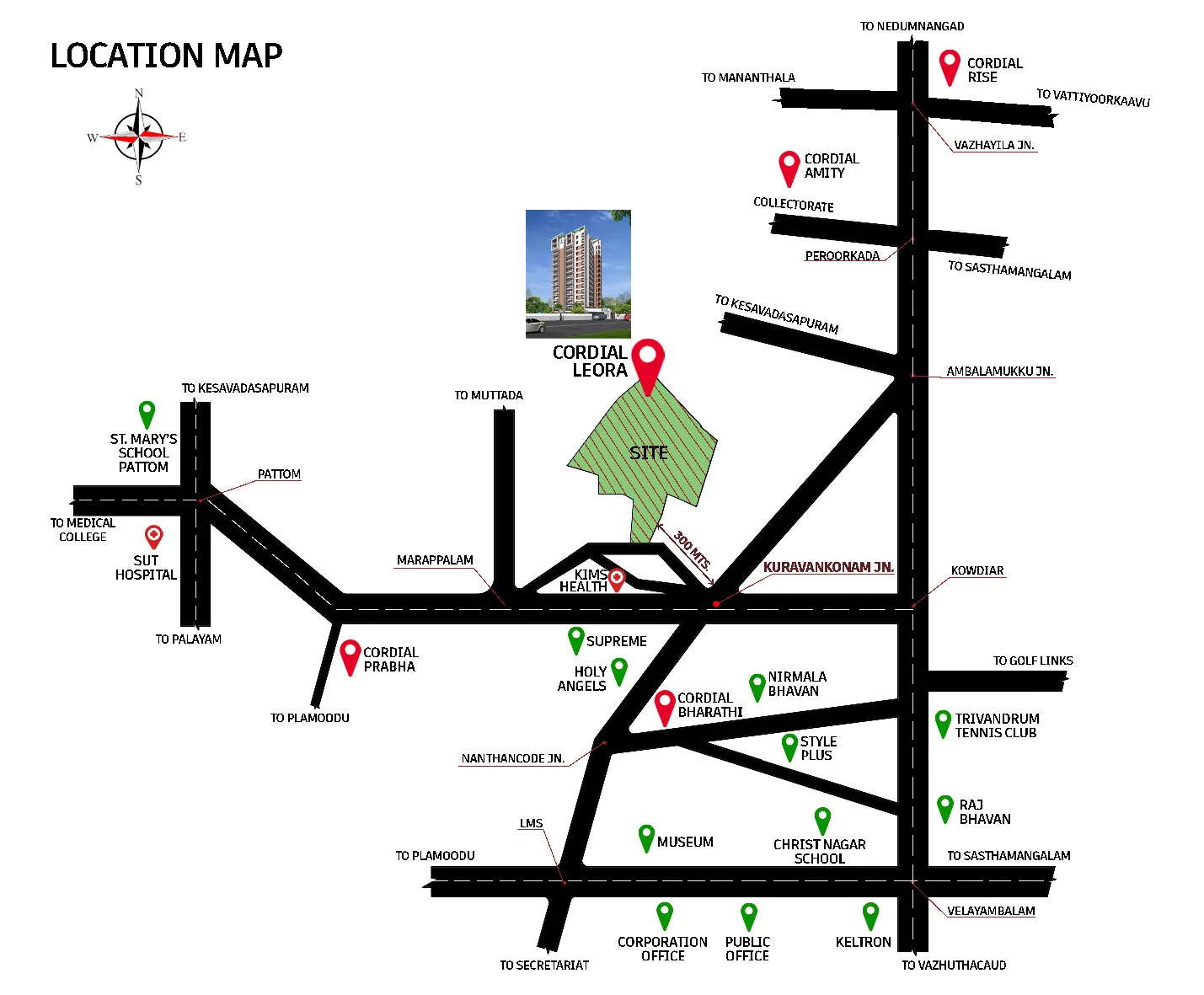 showing the location map of cordial leora, Luxury flats in Kowdiar.