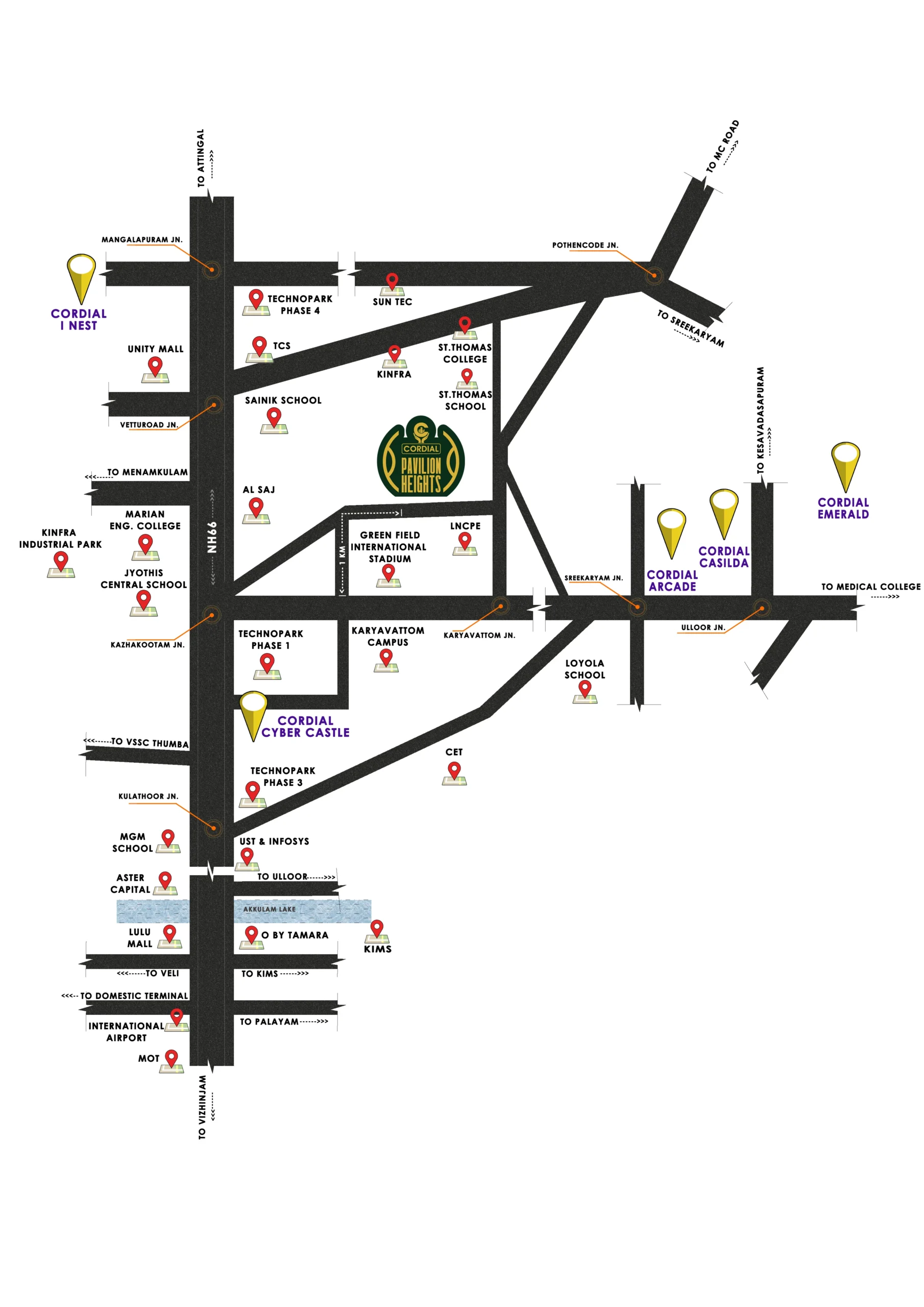 Location map sketch — Cordial Pavilion Heights, Karyavattom, Trivandrum